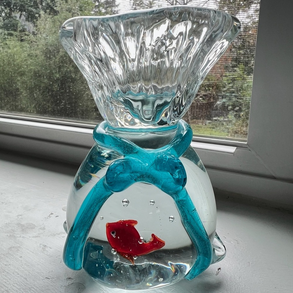 Murano Style Art Glass‎ Fish in a Bag Paperweight Goldfish Vintage